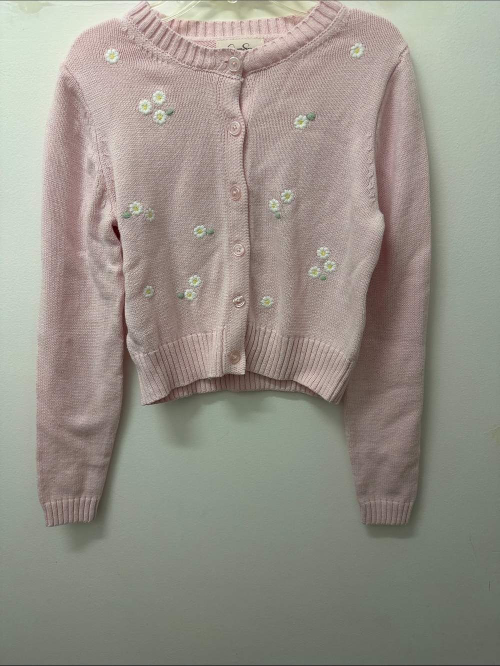 Jessica Simpson Pink Daisy-Embroidered Cropped Cardigan